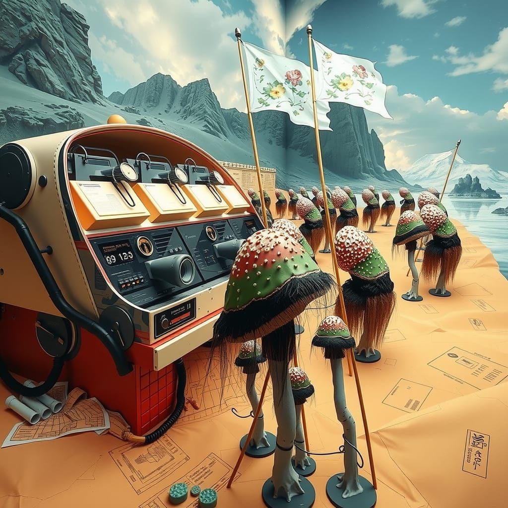 Surreal Diorama Sculpture of Modernist Cabin with Mushroom F...