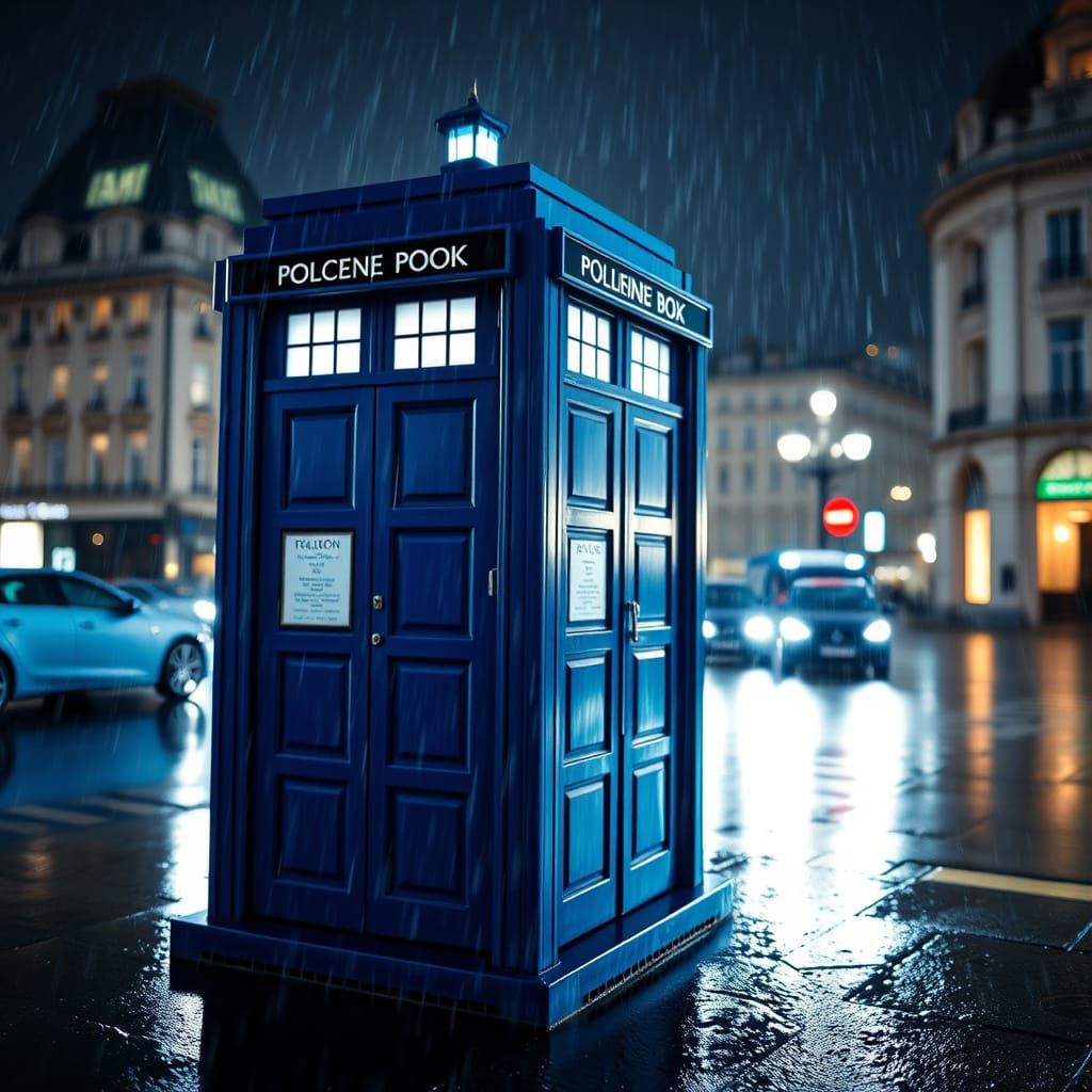 A Detailed Blue Tardis in London's Rainy Streets
