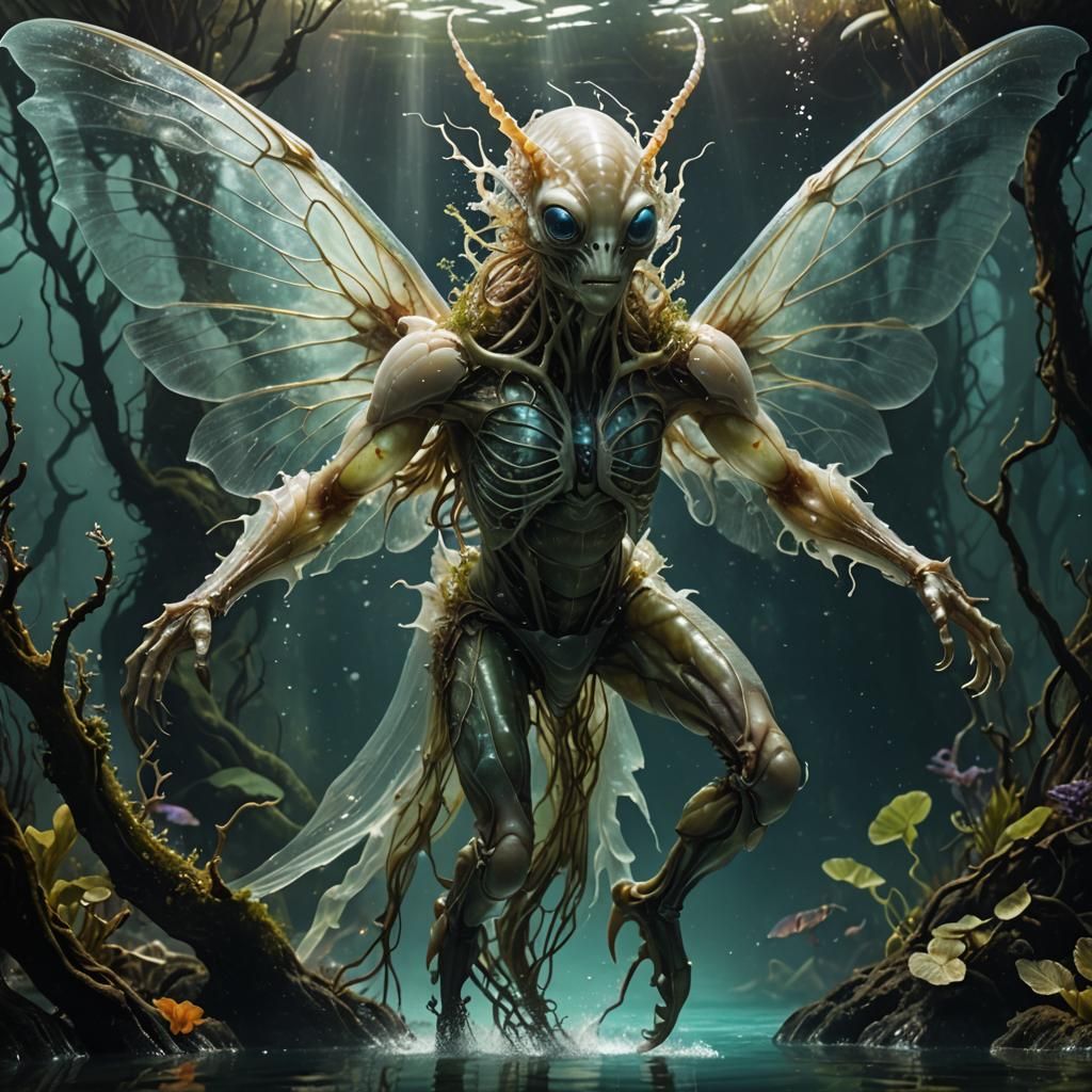 a alien underwater nymph awe inspiring anthropomorphic fit ram horned male albino winged alien creature, big fragile tra...