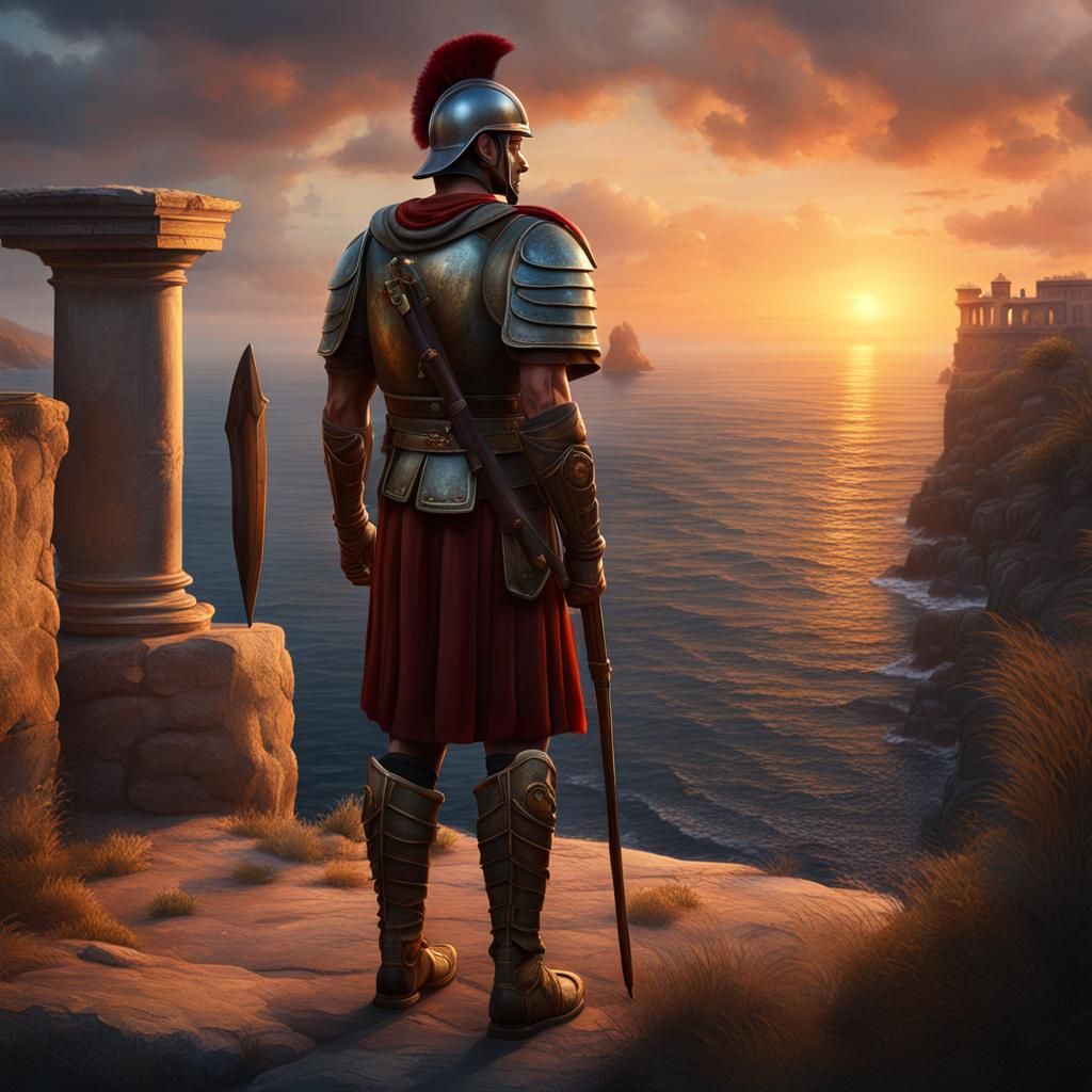Roman Soldier Guarding Sea at Sunset: Hyperrealistic Paintin...