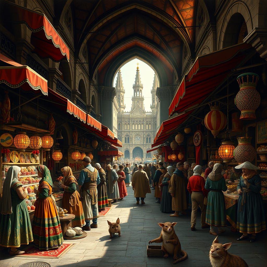 Vibrant Marketplace with Fantastical Architecture in Flemish...