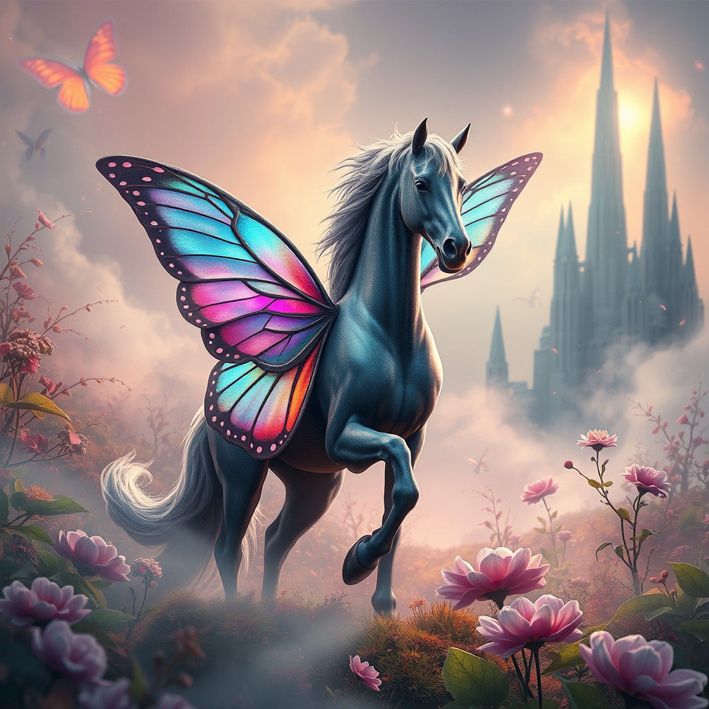 Butterfly Horse in Dreamlike Fantasy Landscape