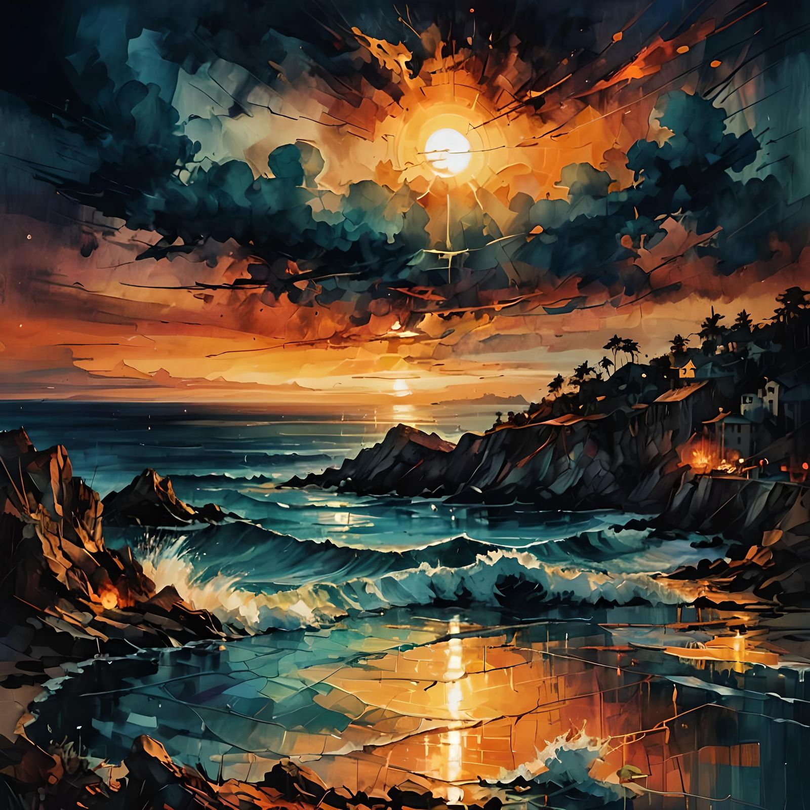 Ocean Sunset: Acid Ink Illustration