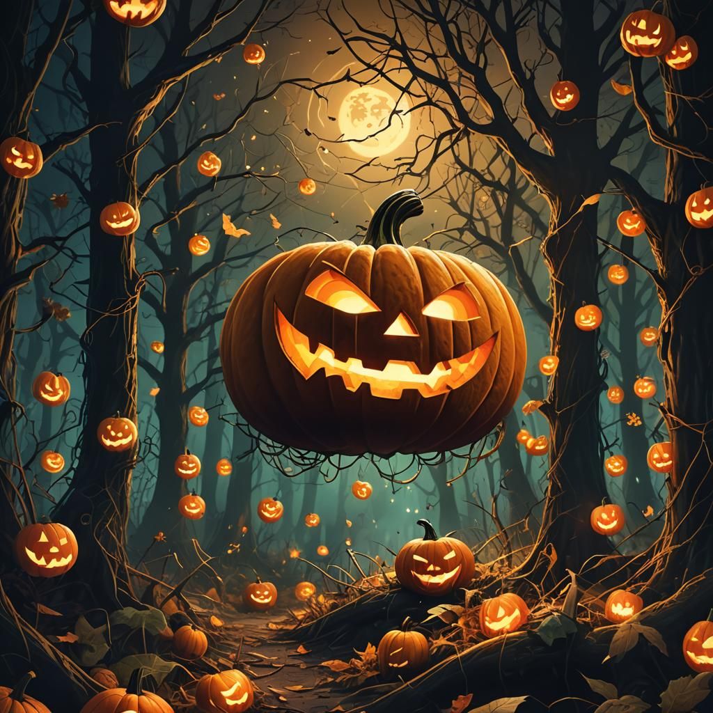 Whimsical Halloween Jack-o-Lantern in Dark Forest