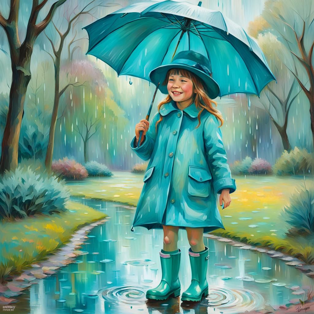 Girl with Turquoise Umbrella in Impressionistic Park