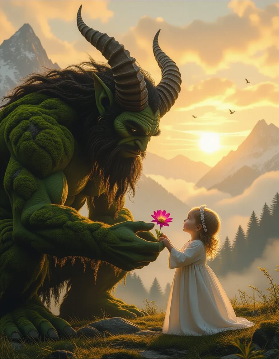 Forest Troll in Awe of Baby Girl, Photorealistic