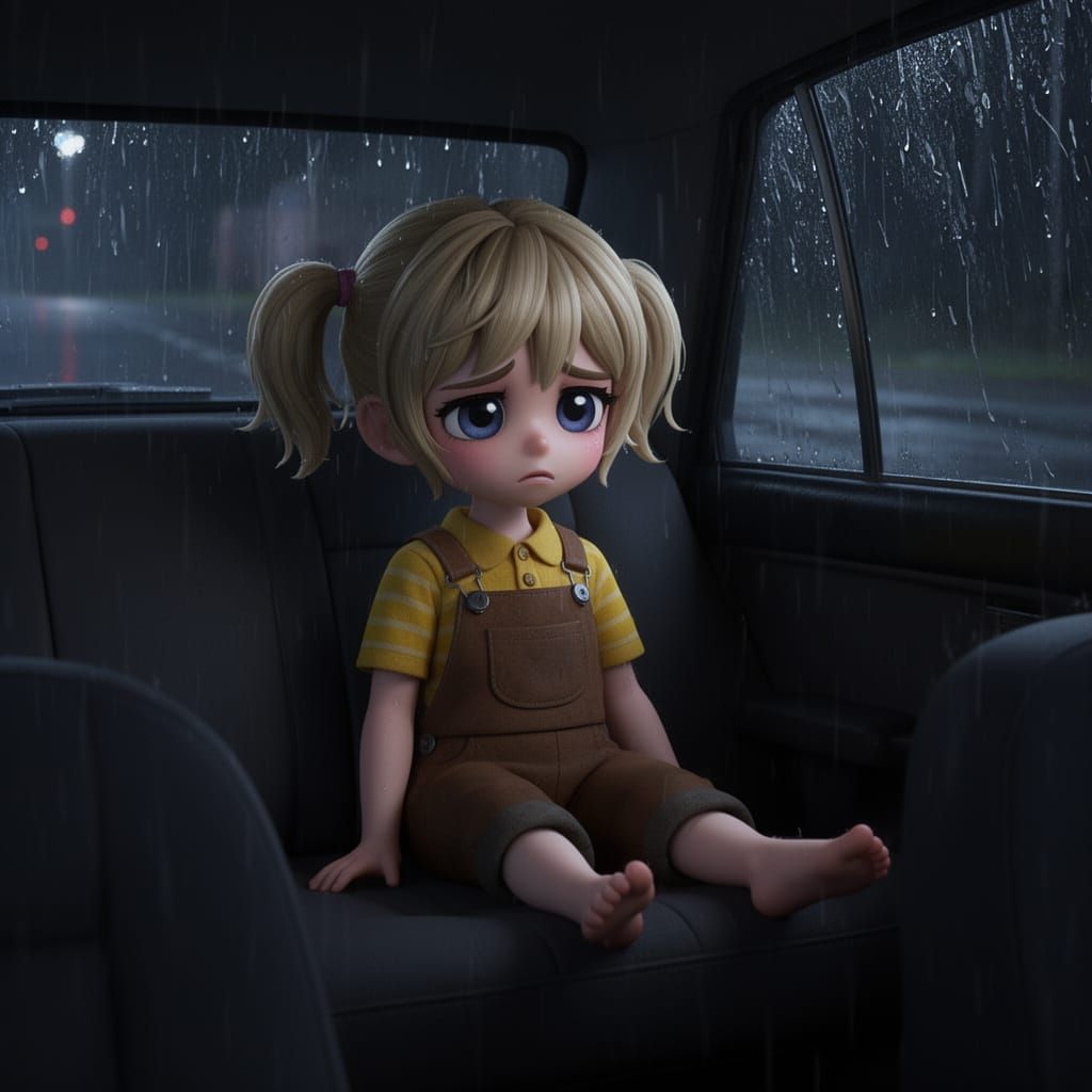 Sad Fnaf Character in Rainy Car at Sunset