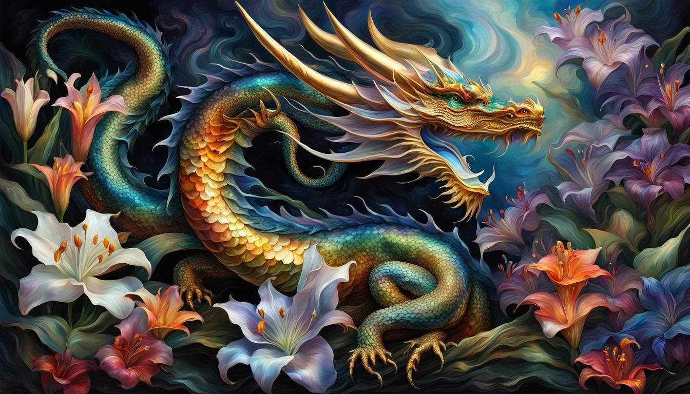 Mother of Pearl Dragon with Black Lilies