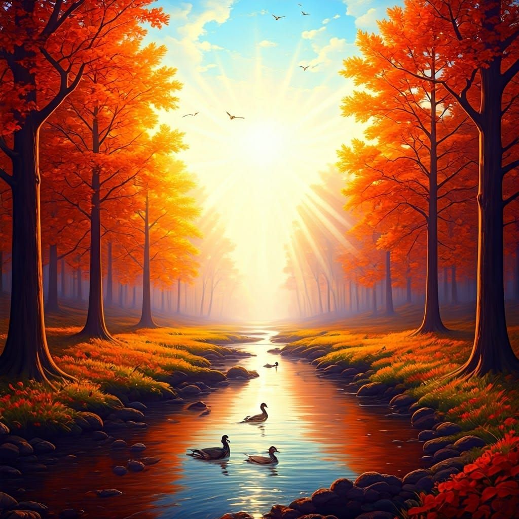 Surreal Autumn Landscape with Amber Orbs