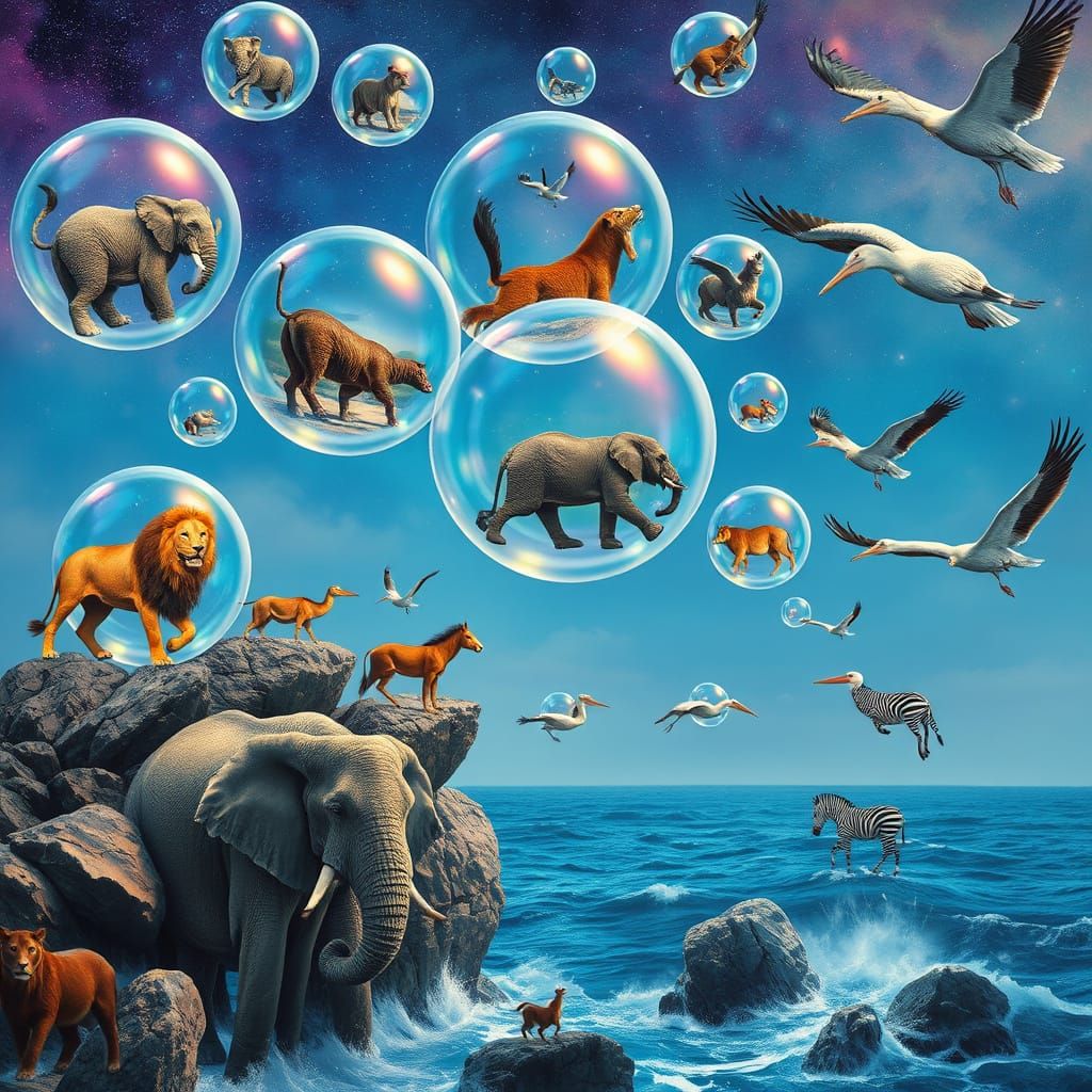Surreal Animals in Bubbles Over Coastline