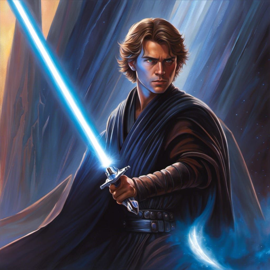 Anakin Skywalker Wielding Cosmic Powers as Detailed Painting