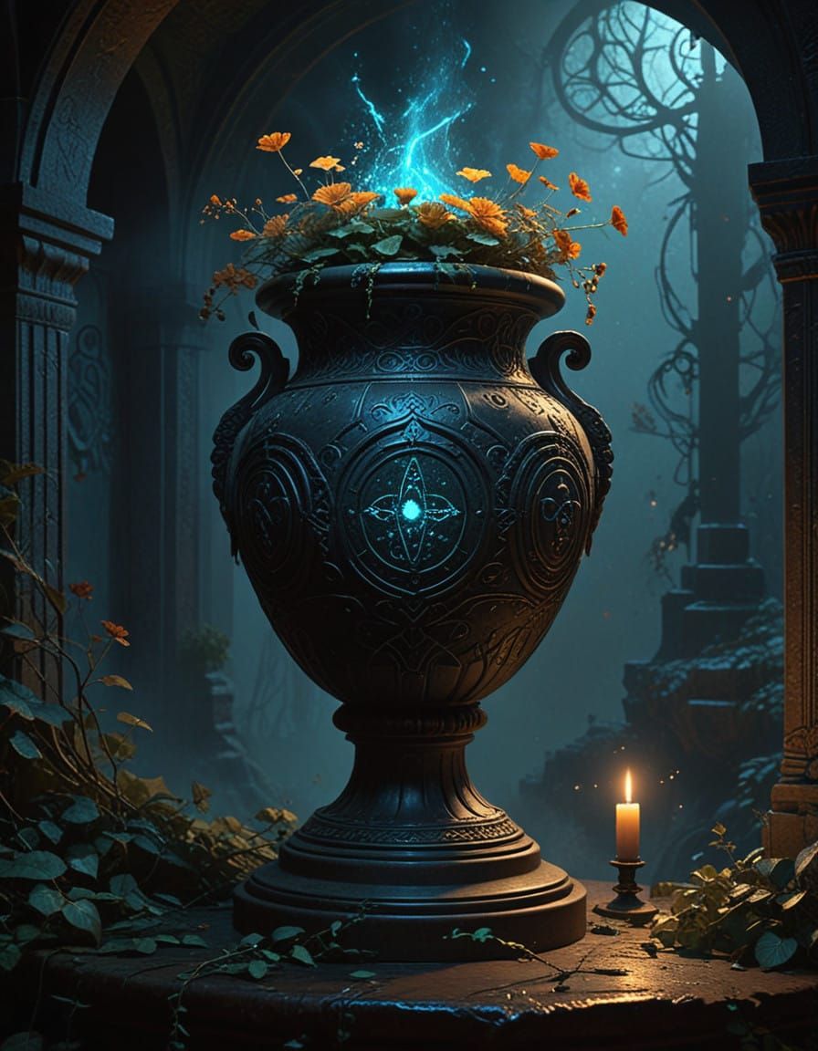 Surreal Urn with Cryptic Symbols and Ethereal Glow in Dark A...