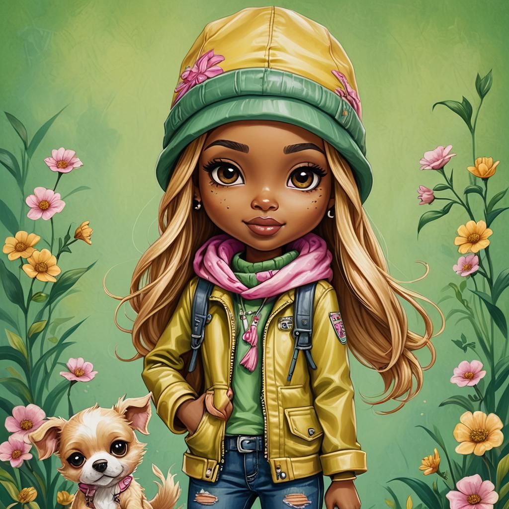 Glossy Chibi Oil Painting of African-Asian Girl