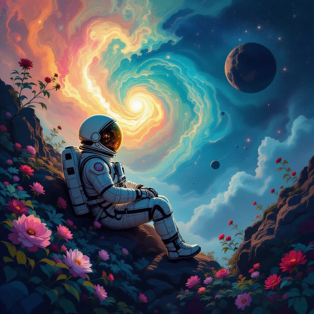 Astronaut Adrift in Art Nouveau Cosmic Nebula