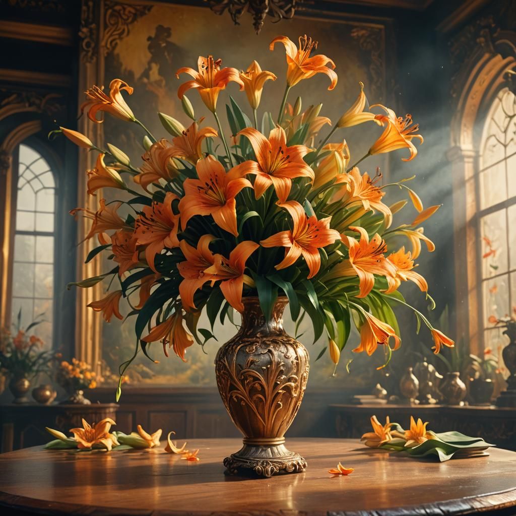 Tiger Lilies in Vase, Impasto Oil Painting