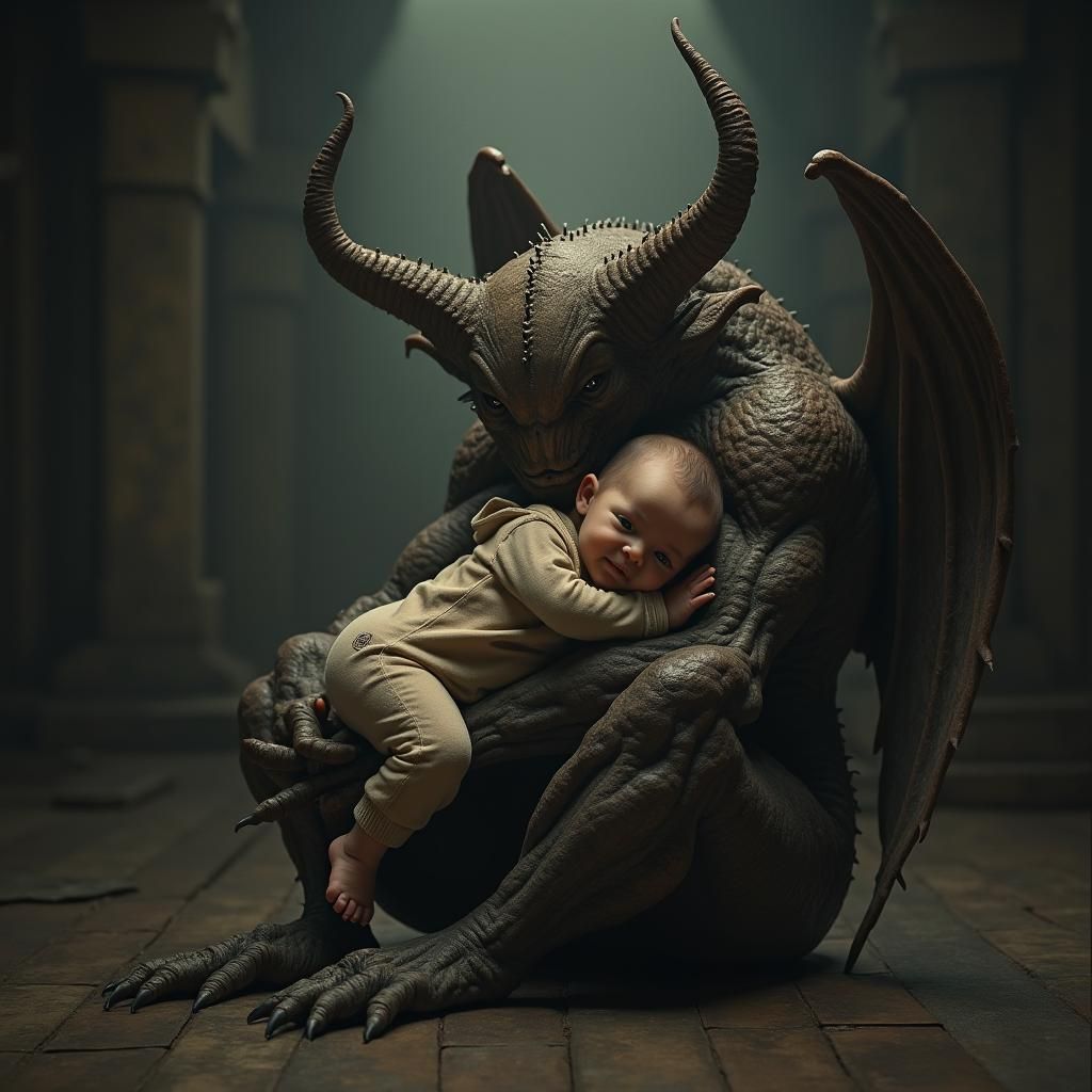 Affectionate Creature Hugs Infant: Dark Fantasy Art