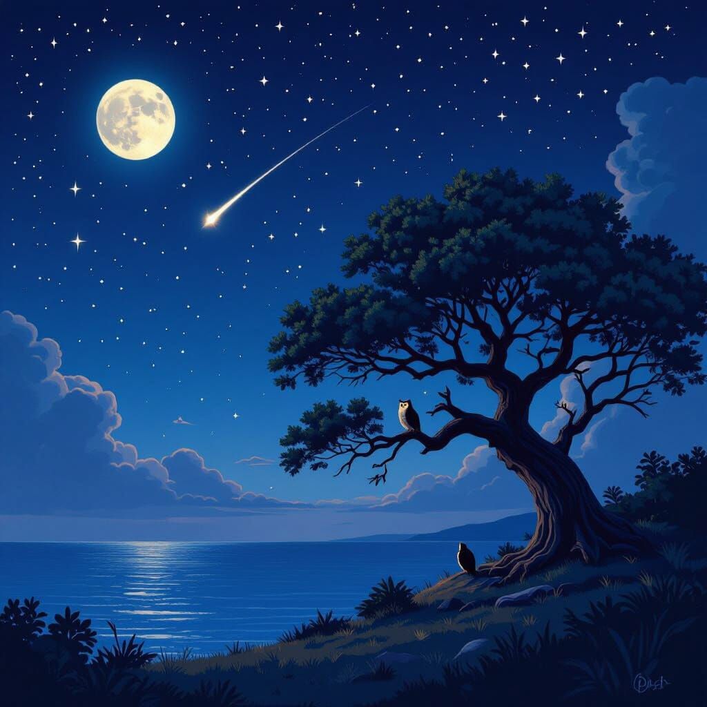 Night Sky Scene with Owl on Tree Over Calm Sea