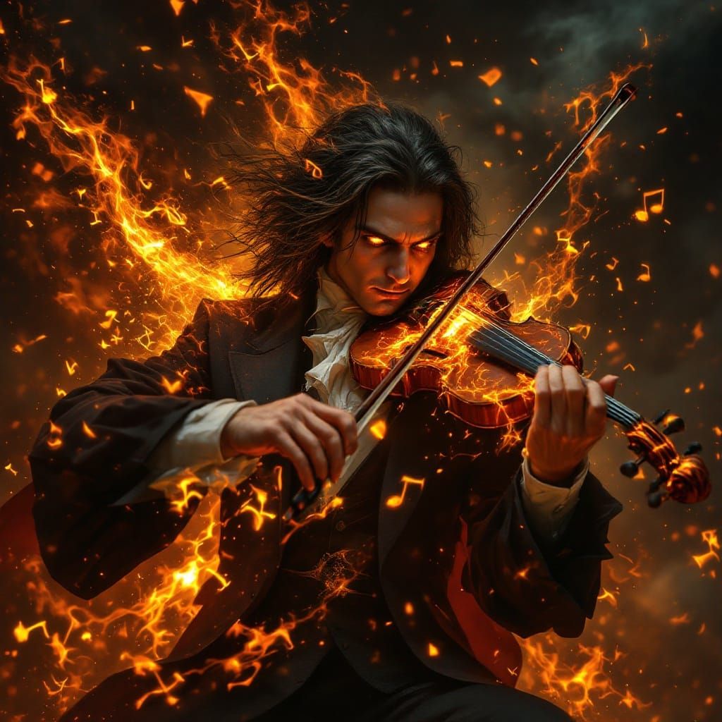 Surreal Violinist in a Maelstrom of Fire and Shadows