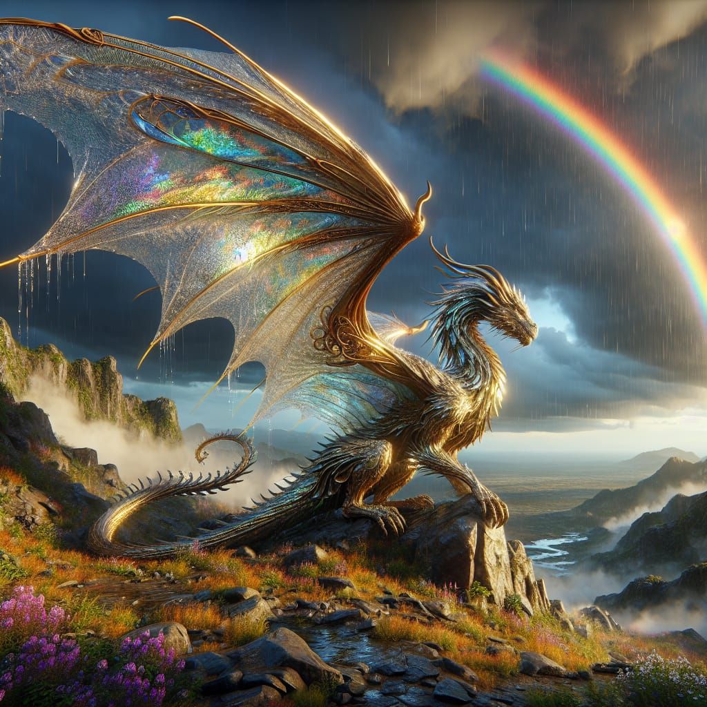 Awe-Inspiring Dragon in Rainy, Futuristic Landscape