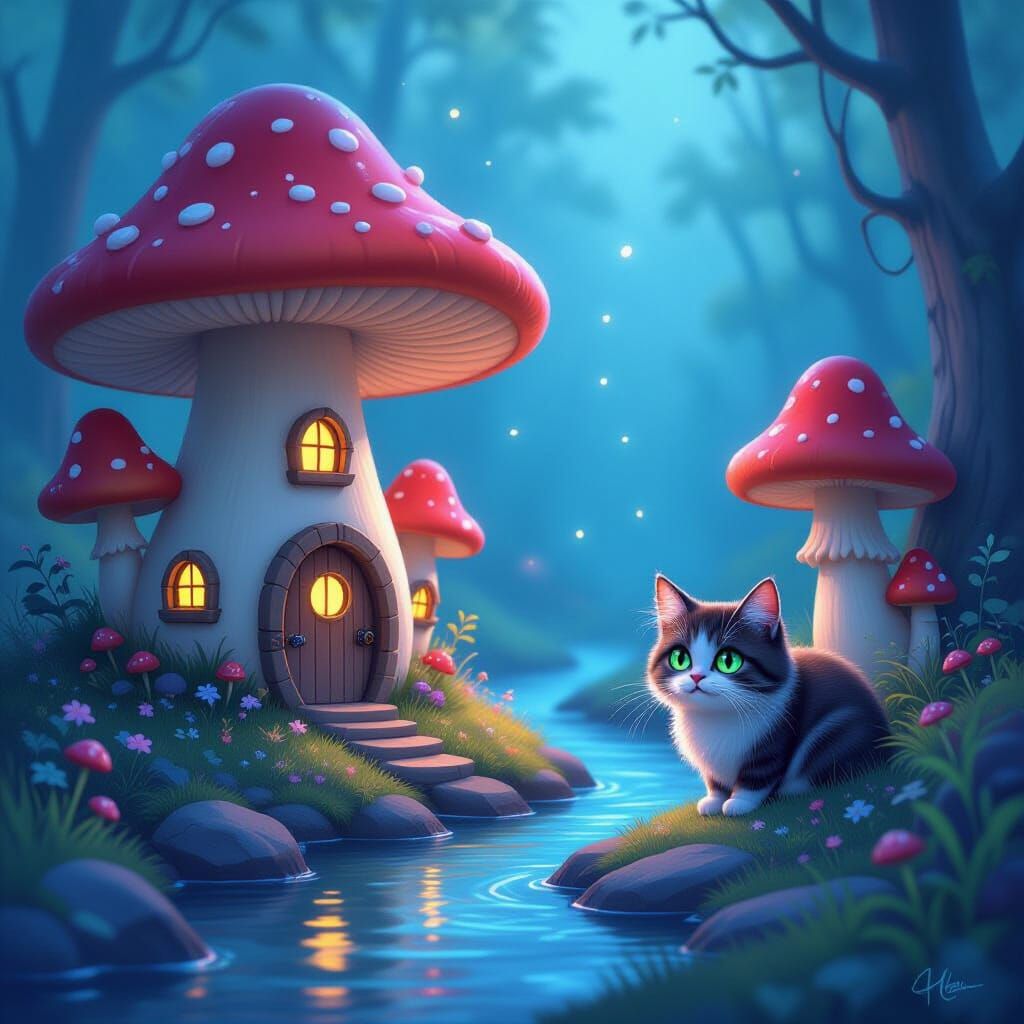 Enchanting Mushroom Village With Curious Cat