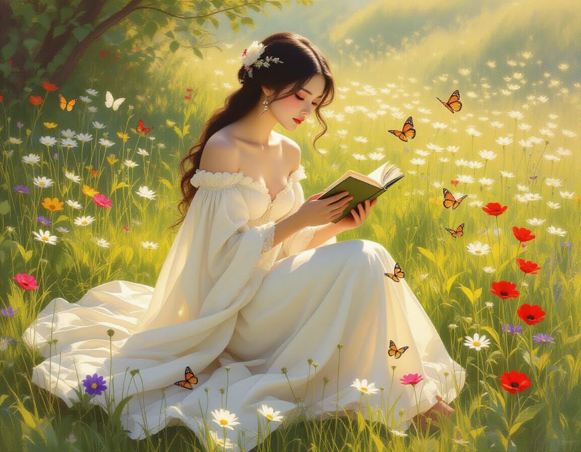 Woman Reading in Meadow, a Pre-Raphaelite Painting