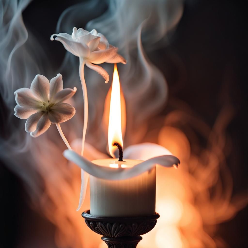 Glowing Candle Smoke Forms Ghostly Flower