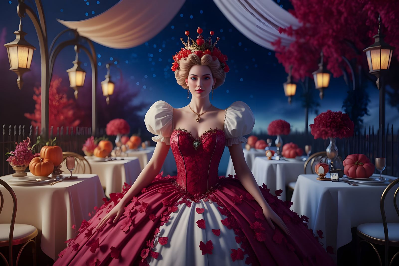 Queen of Hearts in Autumnal Gown at Midnight Café