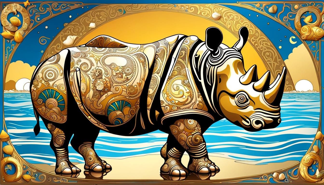 Golden Rhinoceros Adorns Beach Scene in Art Nouveau Style