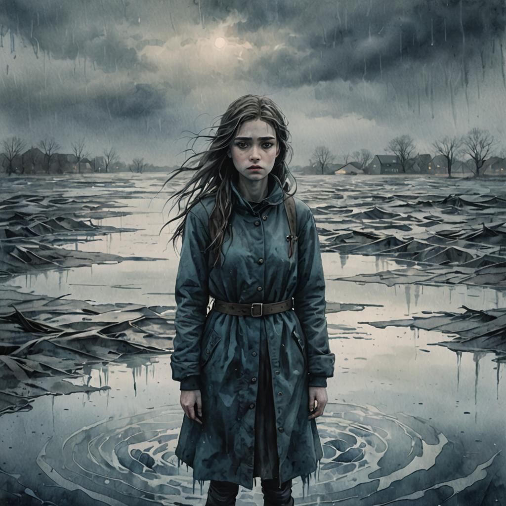 Melancholic Girl Faces Empty Flood in Watercolor Style