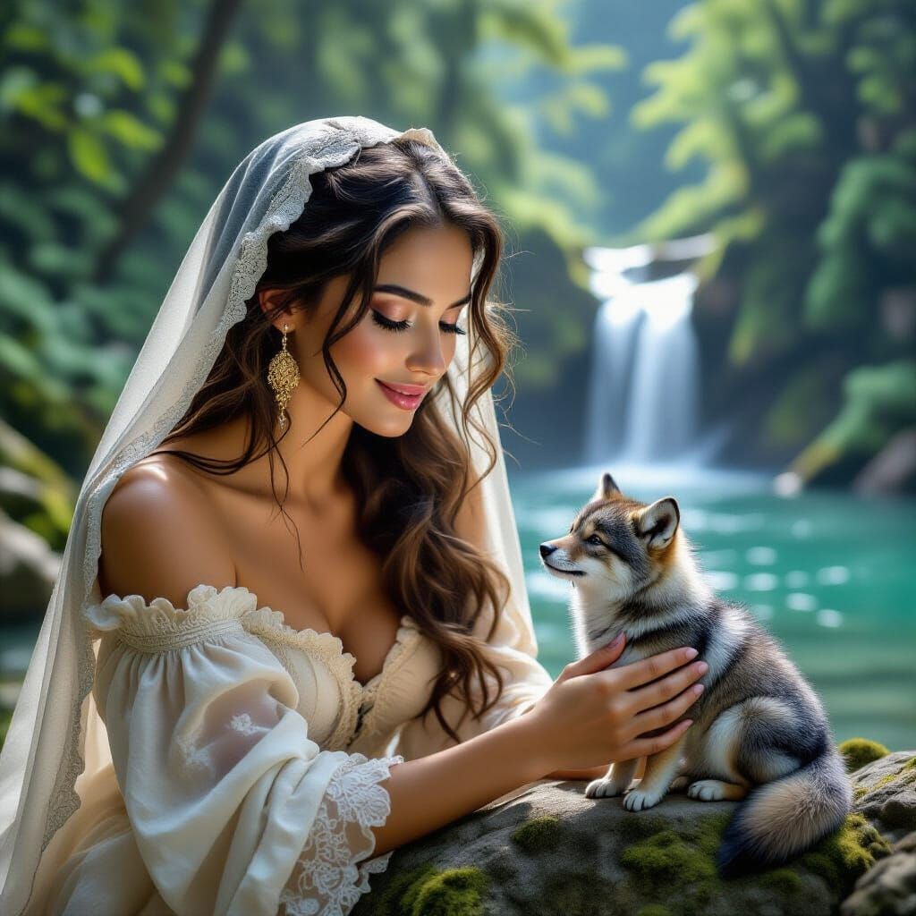 Mystical Woman and Wolf by Waterfall