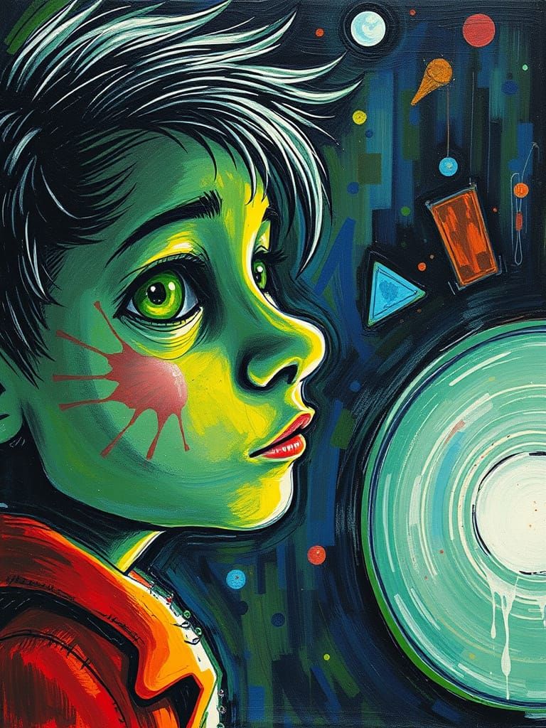 Child Portrait with Green Eyes in Cyberpunk Impasto Style