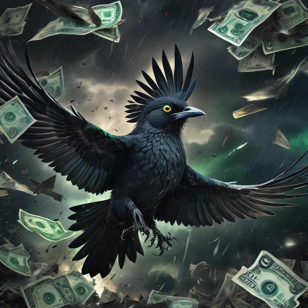 Furious Black Bird in Stormy Dark Fantasy Landscape