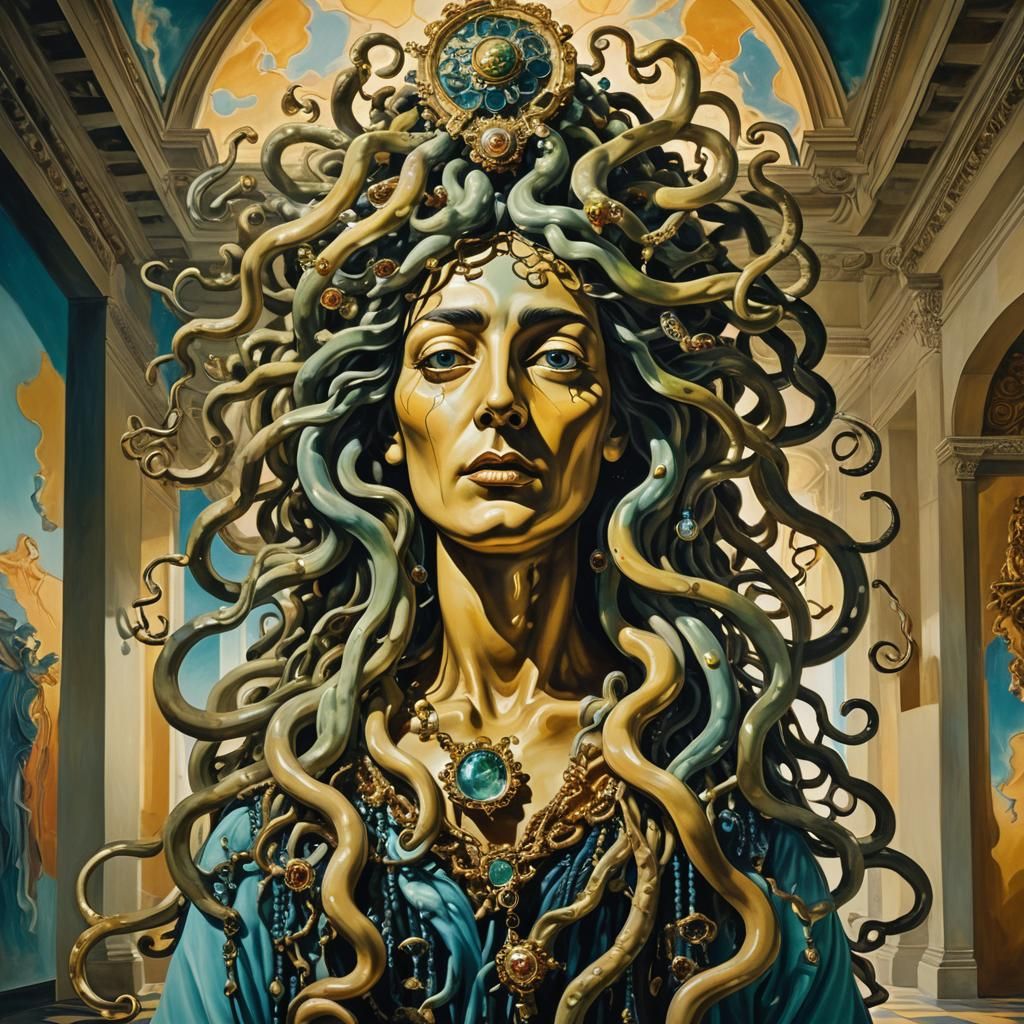 Medusa in Surrealist Hallway with Ornate Jewelry