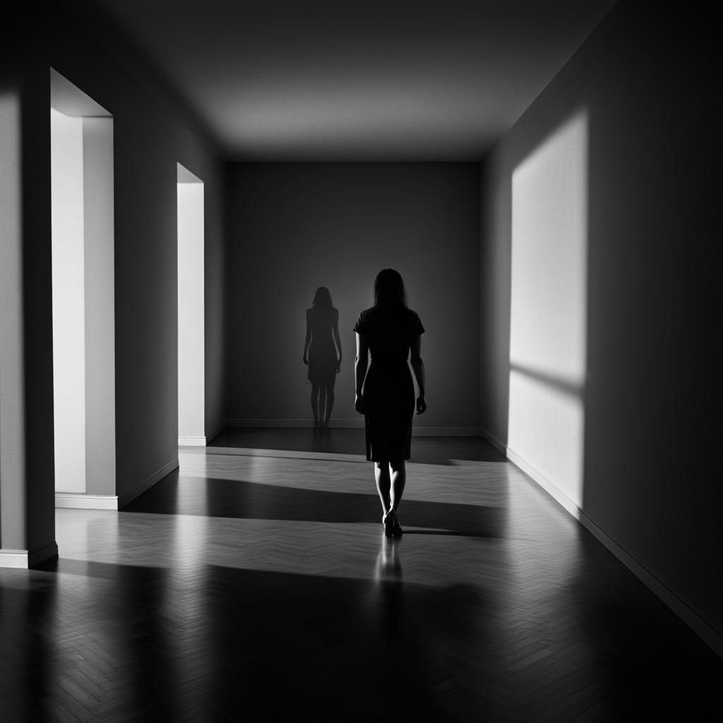 Woman Walks Toward Shadow in Grayscale
