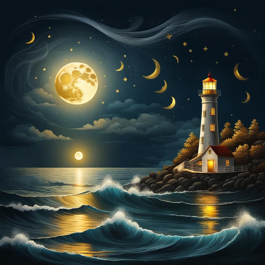 Lighthouse at Night with Golden Moon