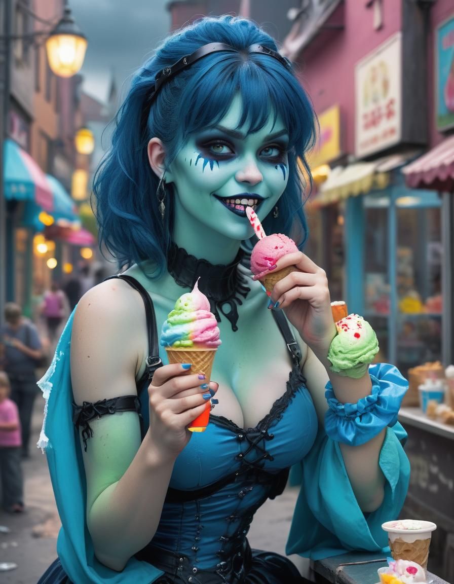 Gothic blue hulkwoman, taking ice-cream break, colorful scen...