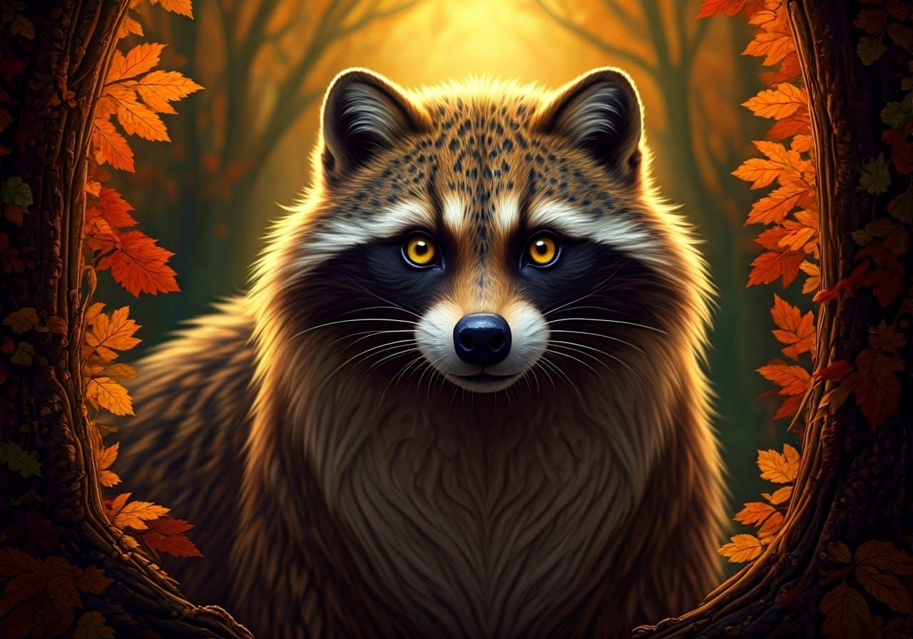 Mystical Raccoon-Wolf-Jaguar Hybrid in Enchanted Forest