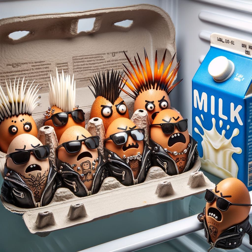 Humorous Punk Rock Eggs Scare Milk in Fridge