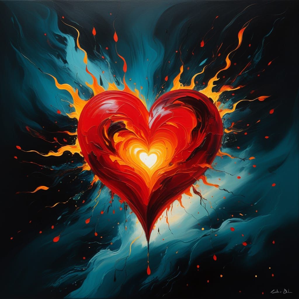 Surreal, Dreamlike Heart-Shaped Fire Descends in Vibrant Oil...