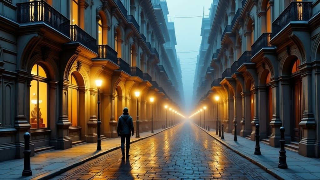 Gaslit European Street at Dusk in Romantic Style