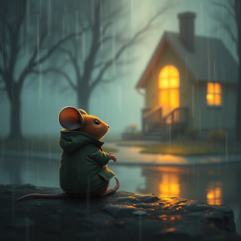 Mouse in Raincoat Gazing at Cozy House
