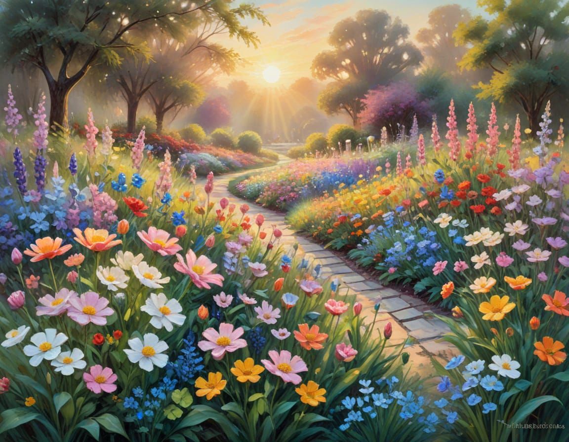 Impasto Flower Garden at Sunrise in Spring
