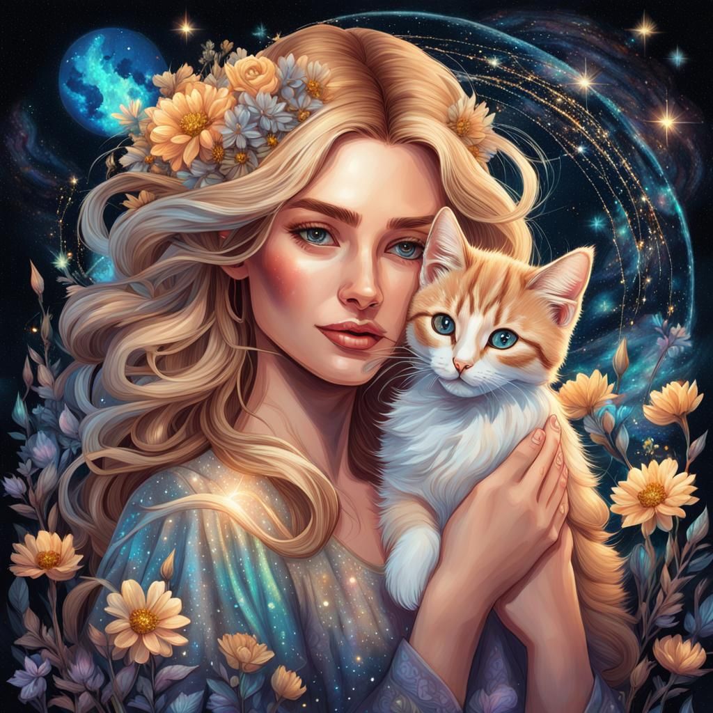 Woman with Kitten in Astral Flower Garden