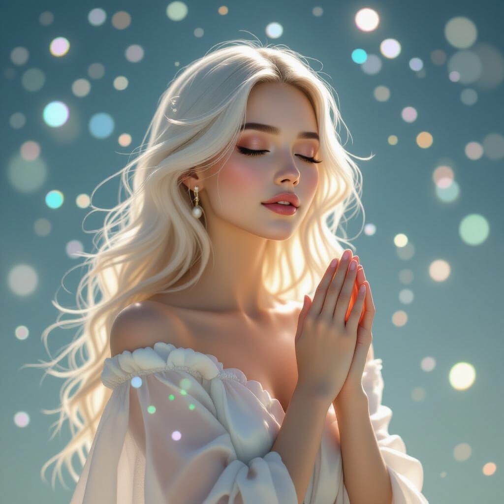 Luminous Pearl Woman in Dreamlike Space