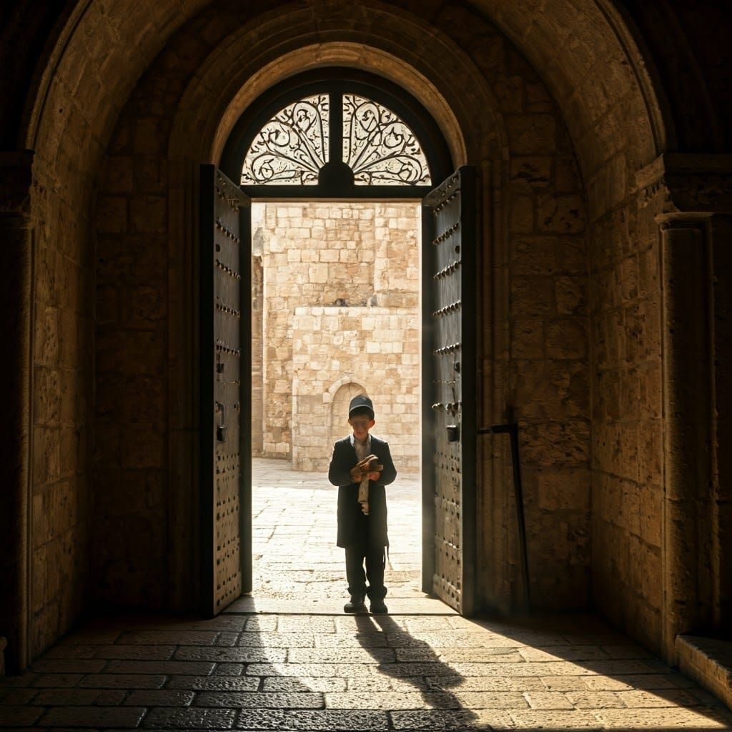 Young Hasidic Boy at Ancient Jerusalem Synagogue Threshold