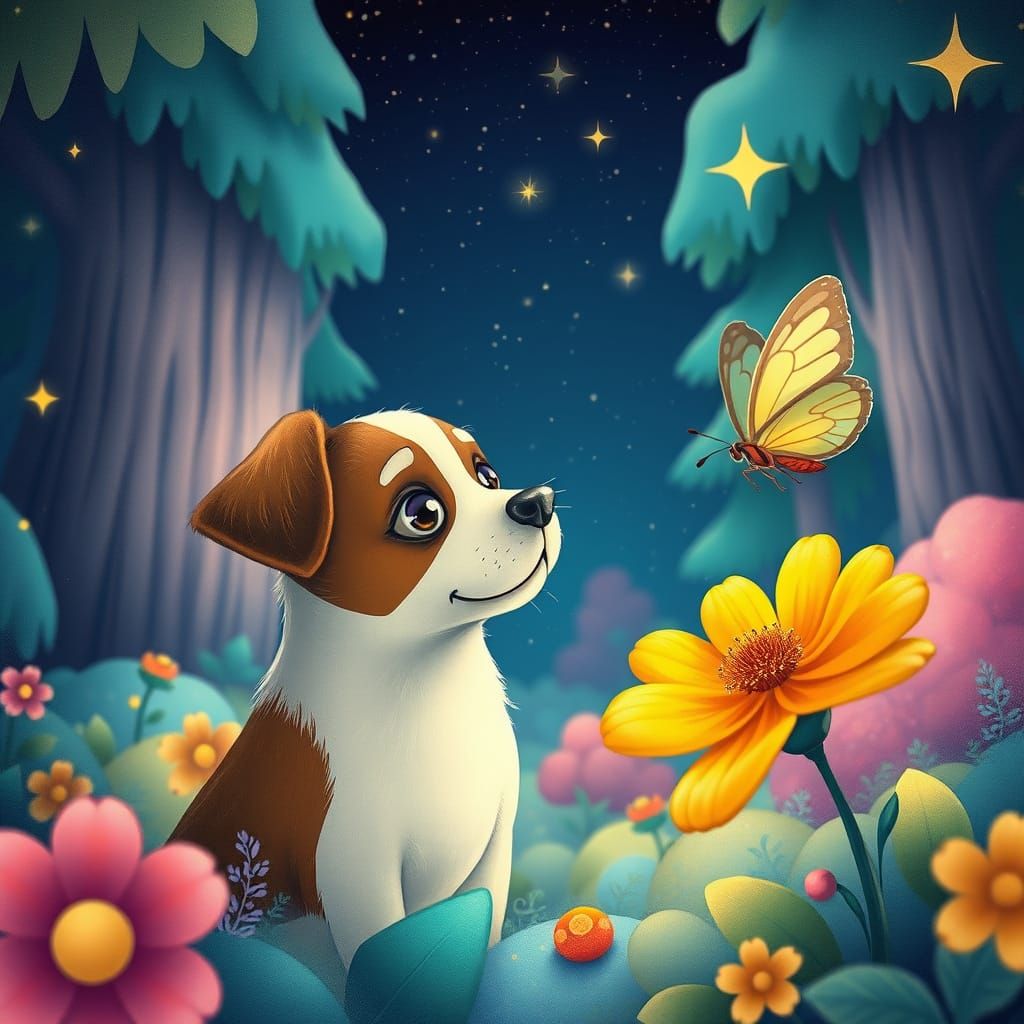 Cute Whimsical Space Forest Scene with Dog, Butterfly, and S...