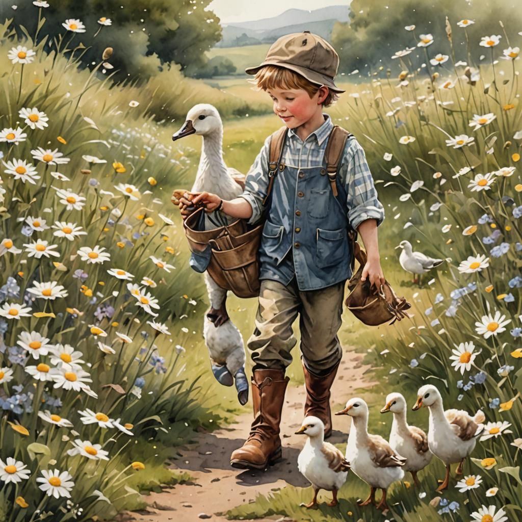 Boy with Geese: Watercolor Holly Hobbie Illustration