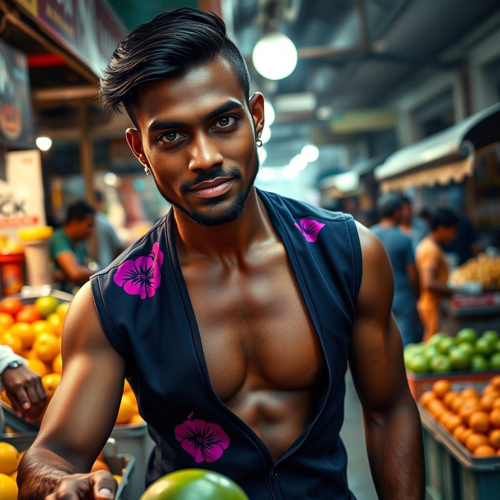 Hyperrealistic Portrait: Bangladeshi Man at Open Air Market