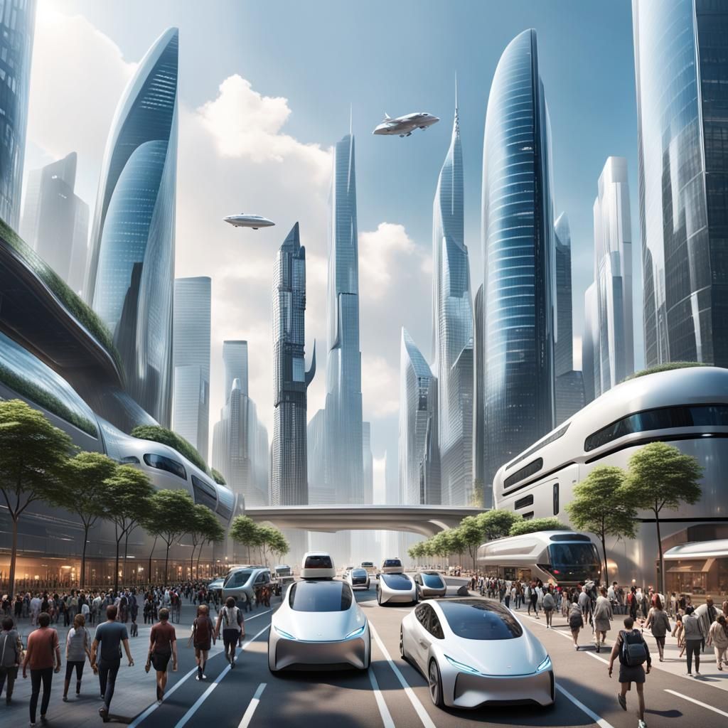 Futuristic Cityscape with Gleaming Skyscrapers and Flying Ve...