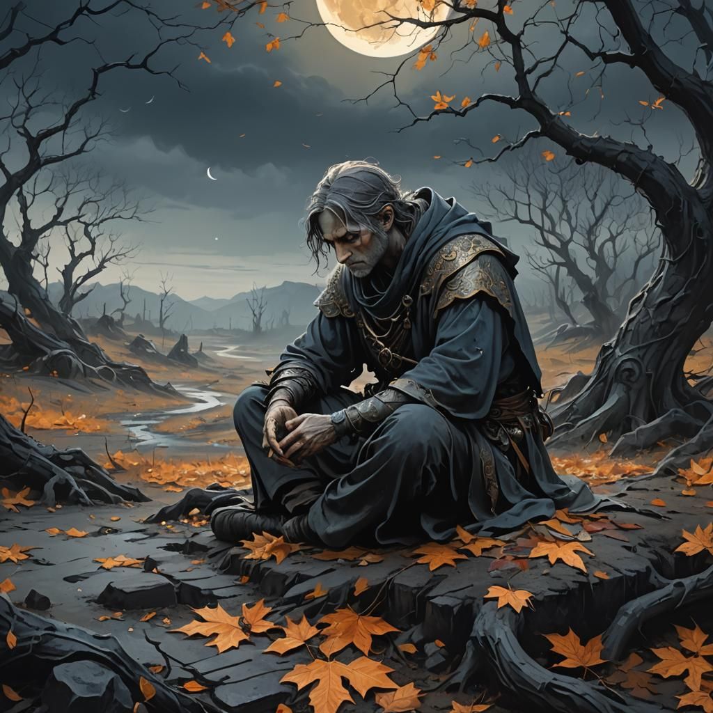 Sorrowful Figure Grasping Darkened Moon in Desolate Landscap...